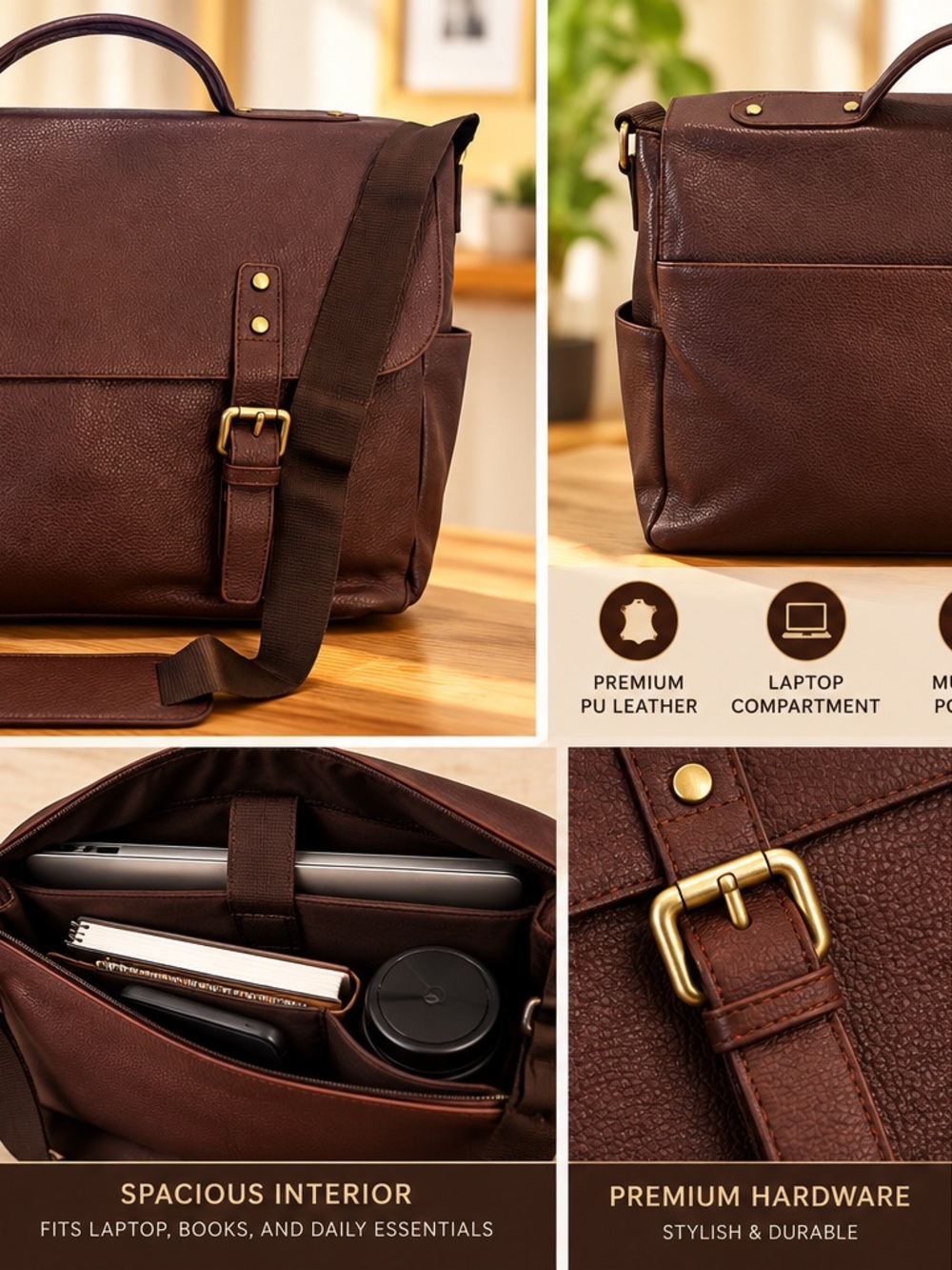 Vintage Genuine Leather Brown Messenger Briefcase Work Bag